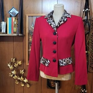 Evan Picone Red Blazer with Leopard Accents